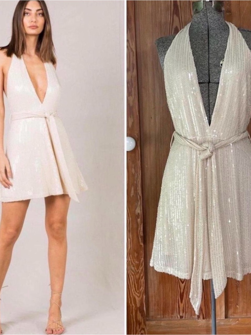 MISHA Sequin Halter Mini Dress in Cream